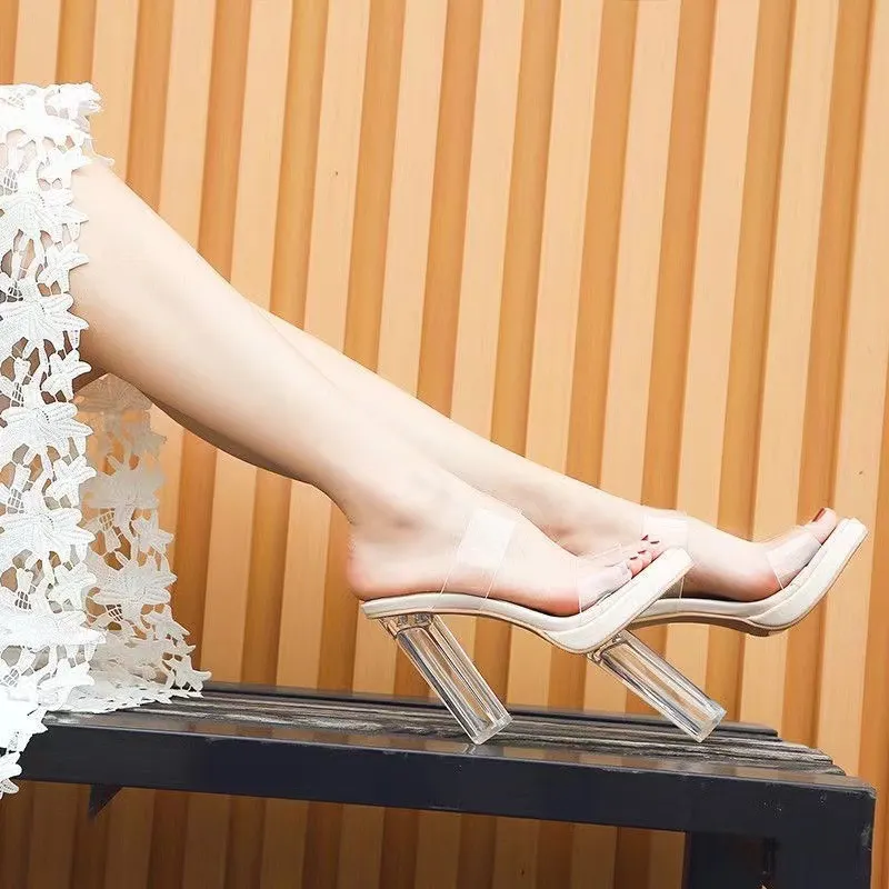 Breakj Breakj Women 2025 Summer New Waterproof Table With No Tired Feet Thick Heel Crystal Slippers Women's Sandals Women's Shoes