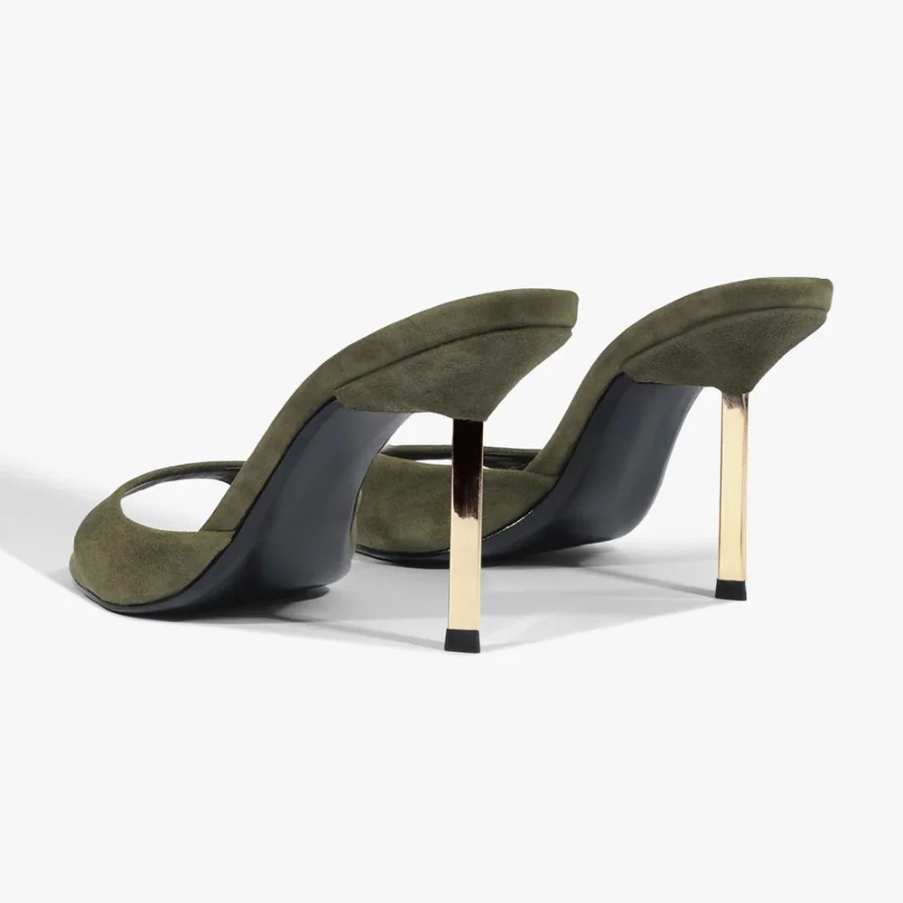 Vegan Suede Stiletto Heel Single Strap Mule Shoes for Women in Olive