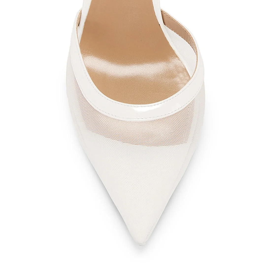 Patent Leather & Mesh Pointed Slingback Flared Heel Ivory Pumps