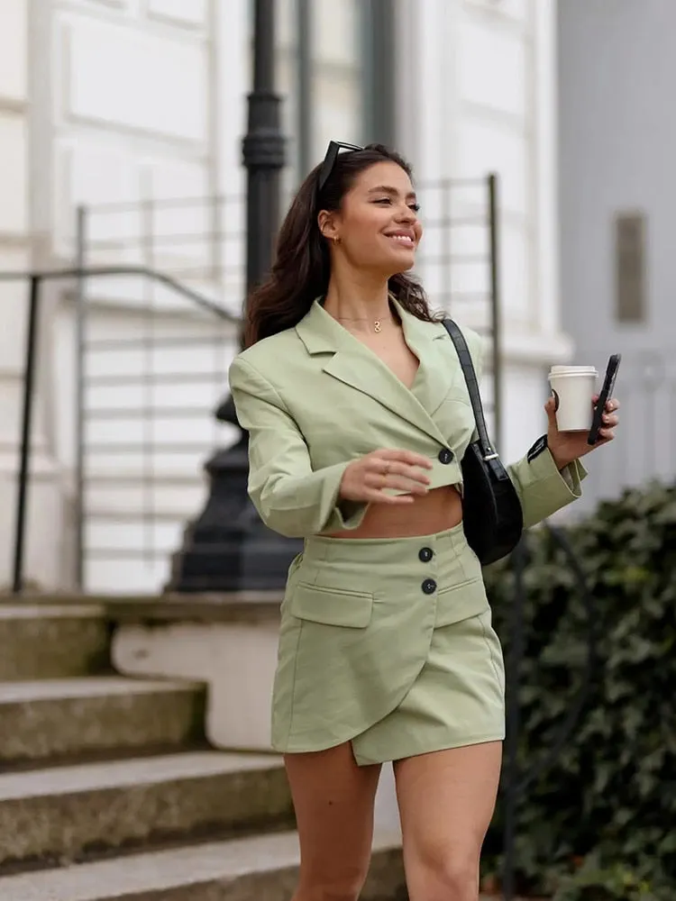 Stylish Elegant Green Skirt Suits Women 2021 Fashion Cropped Pocket Notched Blazer Buttons Asymmetrical Mini Skirts Female Suits
