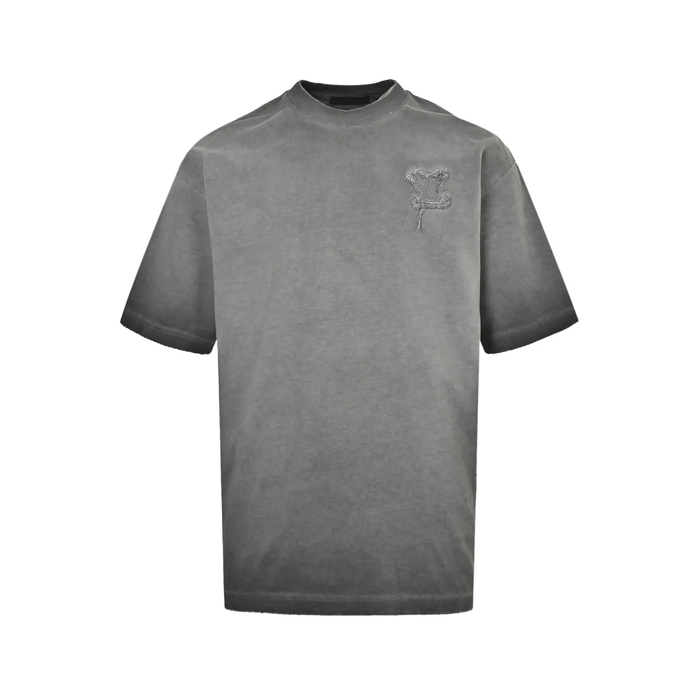 Front view of vintage washed grey embroidered t-shirt