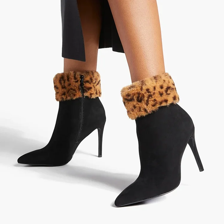 Black Vegan Suede Ankle Boots Leopard Faux Fur Trim Heeled Booties |FSJ Shoes