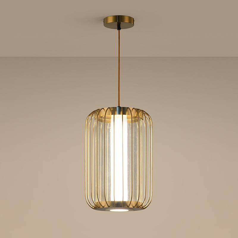 Modern Mid-century Iron Acrylic Cylinder Cage LED Pendant Light For Dining Room
