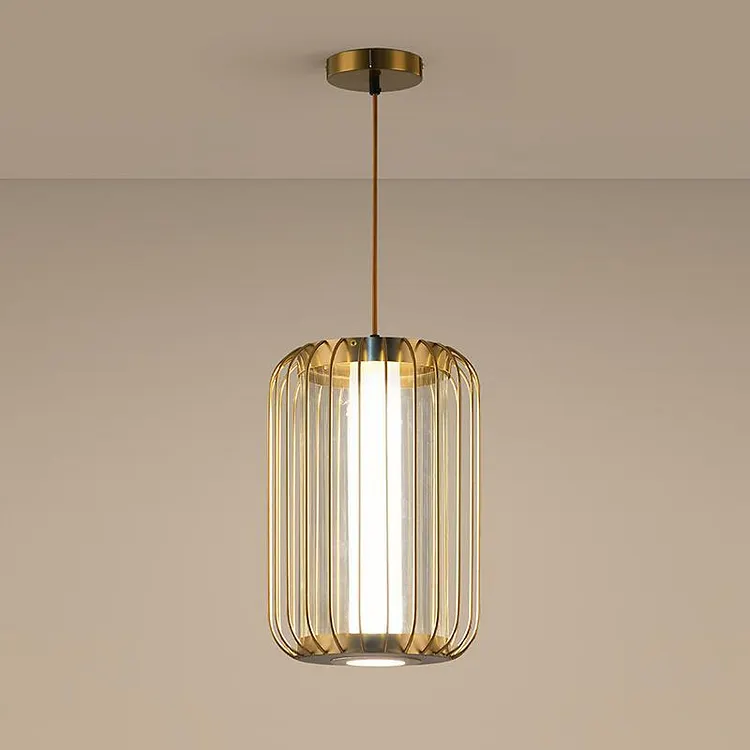 Modern Mid-century Iron Acrylic Cylinder Cage LED Pendant Light For Dining Room