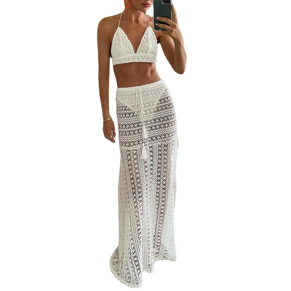 Brownm Solid Color Mesh Lace Split Swimsuit Female Three-Piece Set 2025 New Strap Sexy Three-Point Bikini