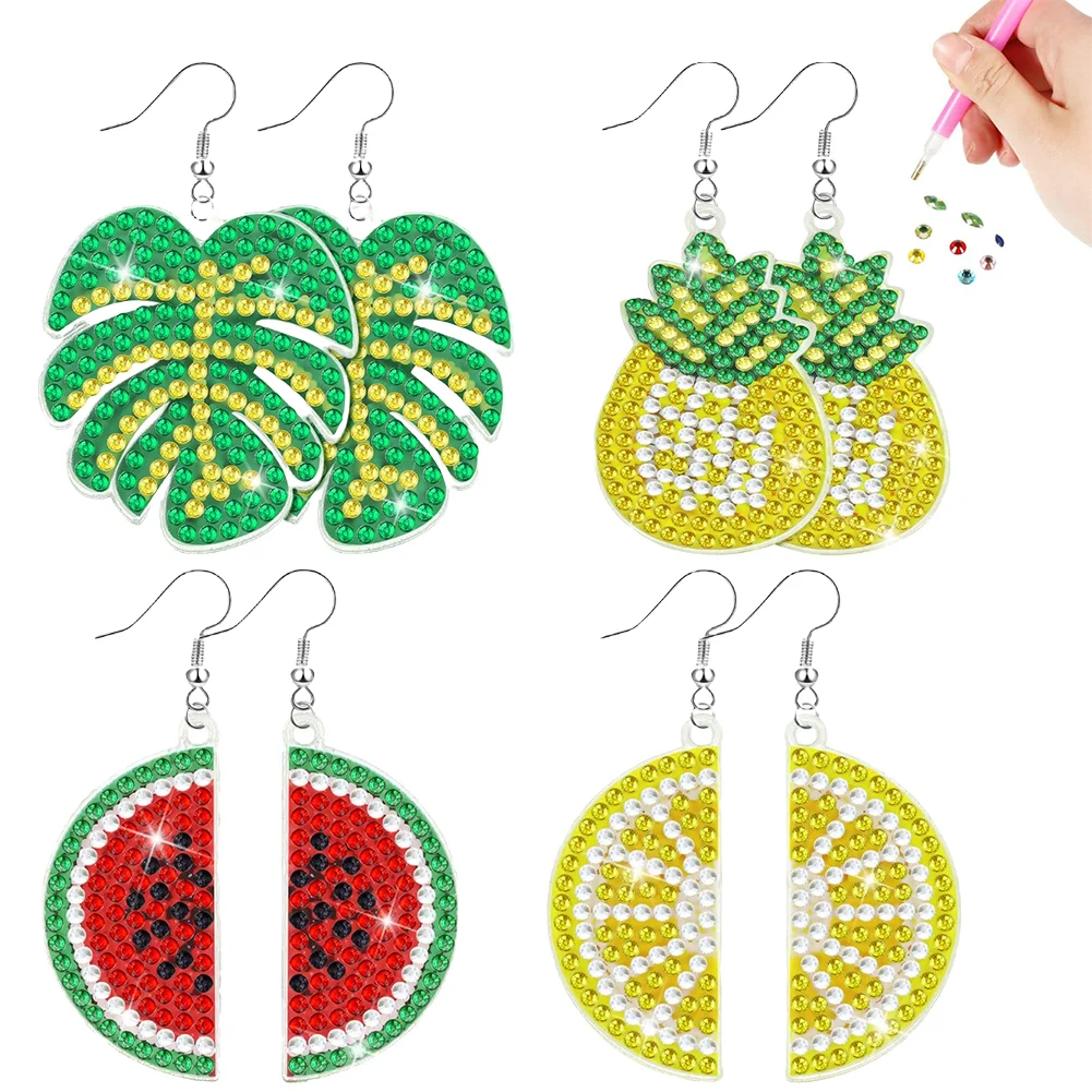 DIY 4 Pairs Double Sided Holiday Diamond Fruit Earrings for Women