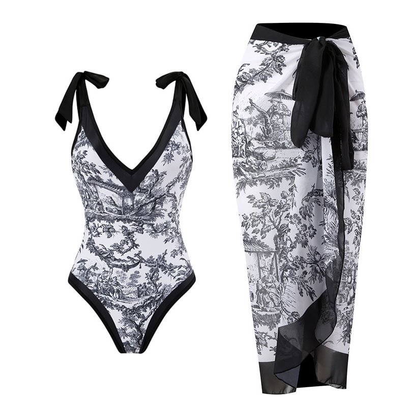 Vintage V-Neck Print One-Piece Swimsuit Set
