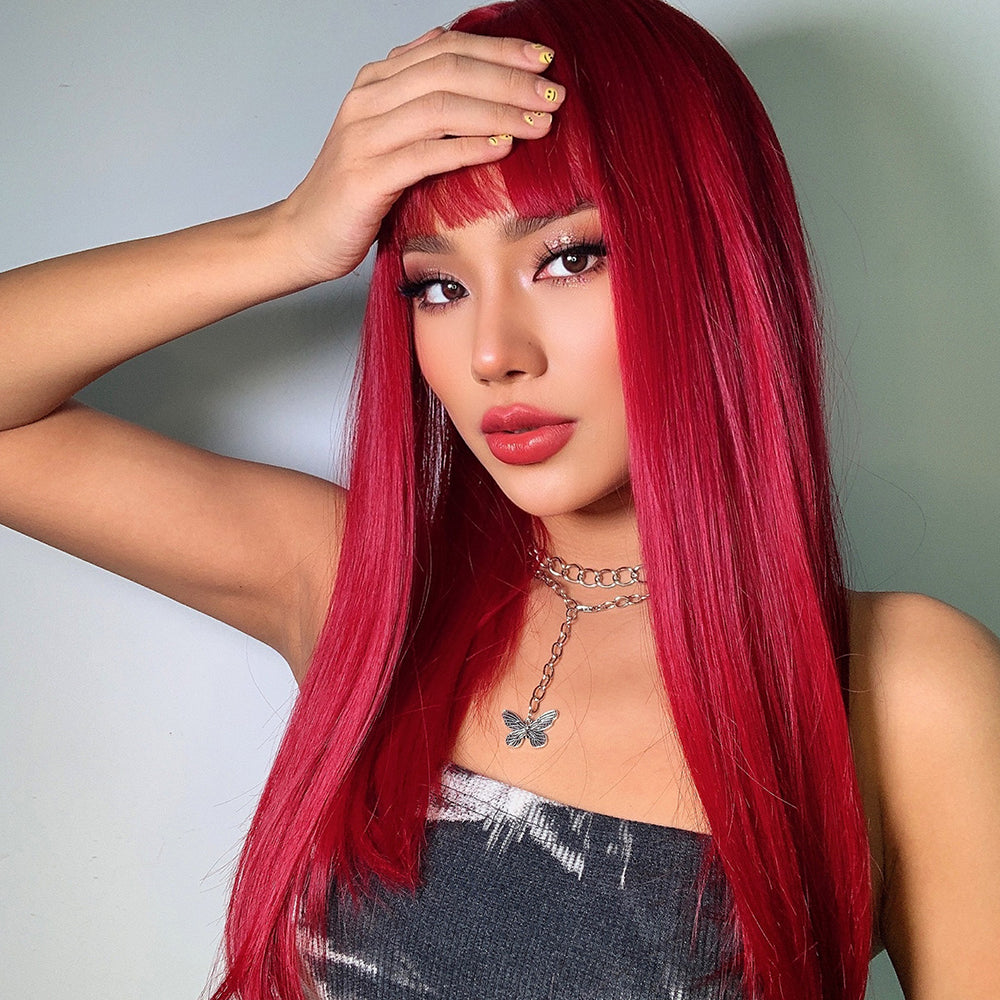 Wine Red Long Straight Wigs with Bang Natural Hair Wig