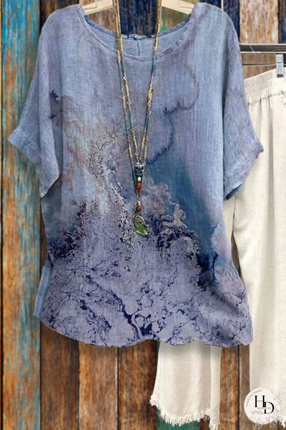 Tie-dye Loose Round Neck Short Sleeve Cotton Linen Tops