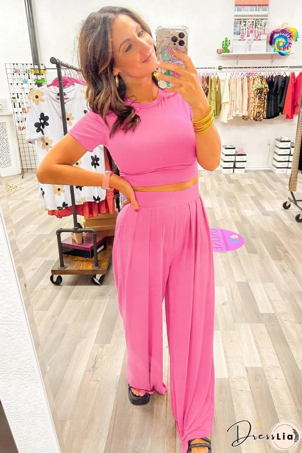 Strawberry Pink Slim Fit Crop Top and Pleated Wide Leg Pants Set