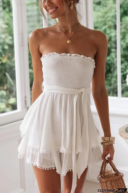 Falbala Lace Up Strapless Mini Dress