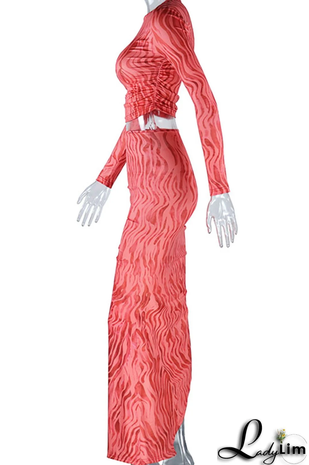 Tangerine Sexy Print Bandage Patchwork Draw String Slit O Neck Long Sleeve Two Pieces