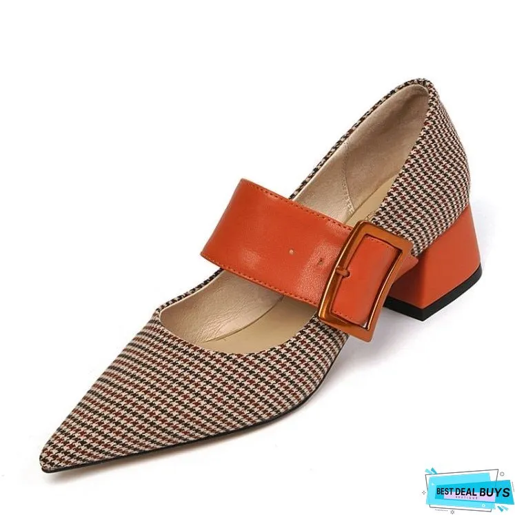 New Spring Autumn Shoes Women Pointed Toe Chunky Heel Fabric High Pumps Mixed Color Square