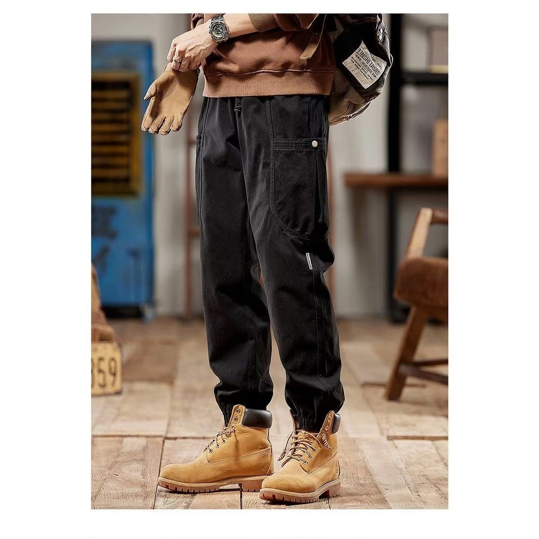 Collectvip New Spring and Autumn Fashion Splicing American Retro Tie Feet Workwear Pants Loose and Versatile Handsome Men's Casual Pants