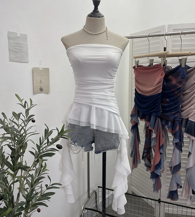 Uveng Irregular Bra Vest Wearing A Gradient Mesh Yarn Leaf Side Ribbon Bottom Sleeveless Top Lady 9931