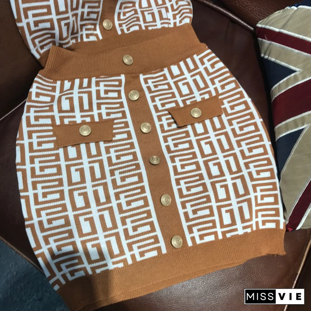 Geometric Knitted Vest Crop Tops Two Piece Skirt Sets