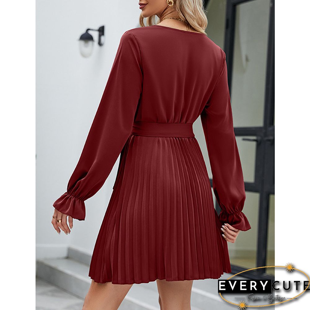 Burgundy V Neck Long Sleeve Pleated Mini Dress with Belt