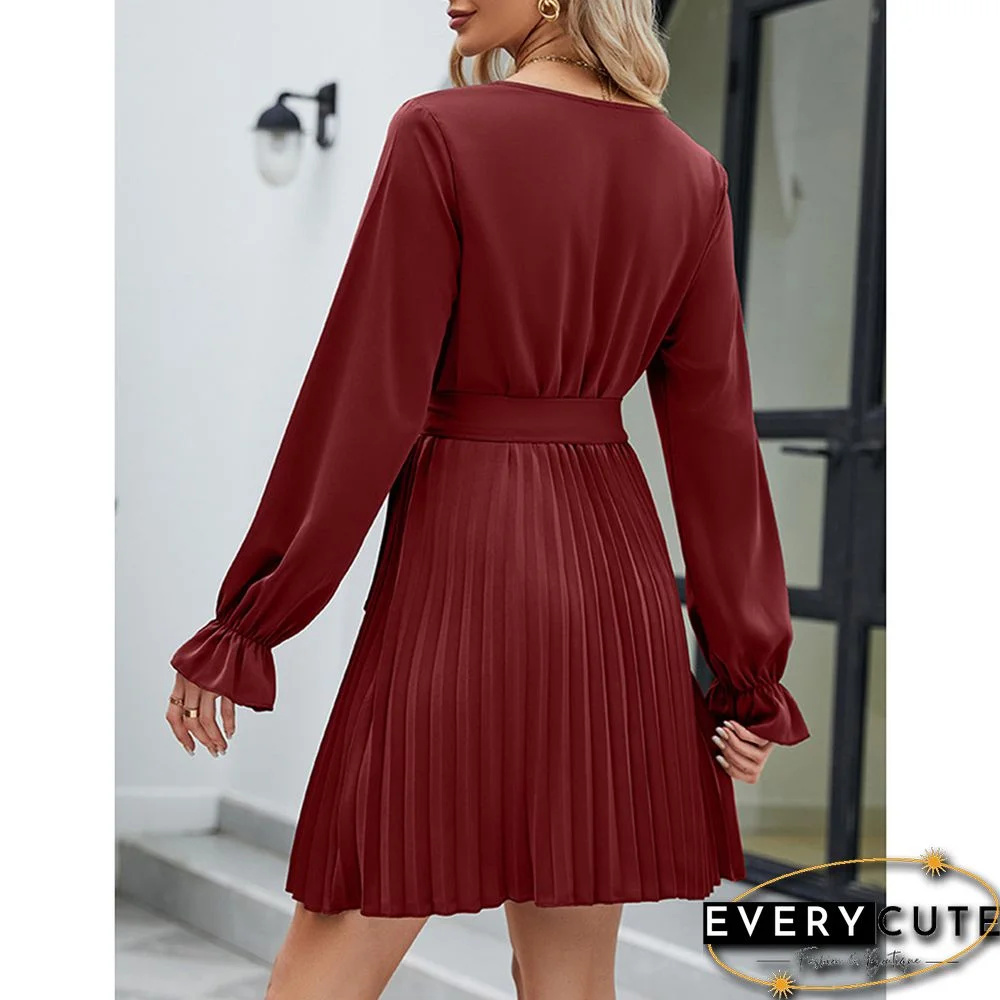 Burgundy V Neck Long Sleeve Pleated Mini Dress with Belt