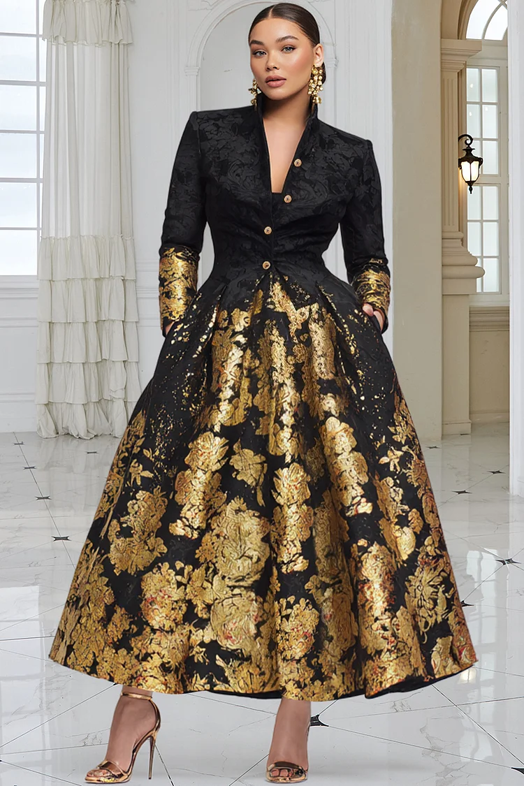 Xpluswear Design Plus Size Churchs Black Graphic Long Sleeve Pocket Elegant Button Satin Maxi Dresses 2024 - Xpluswear