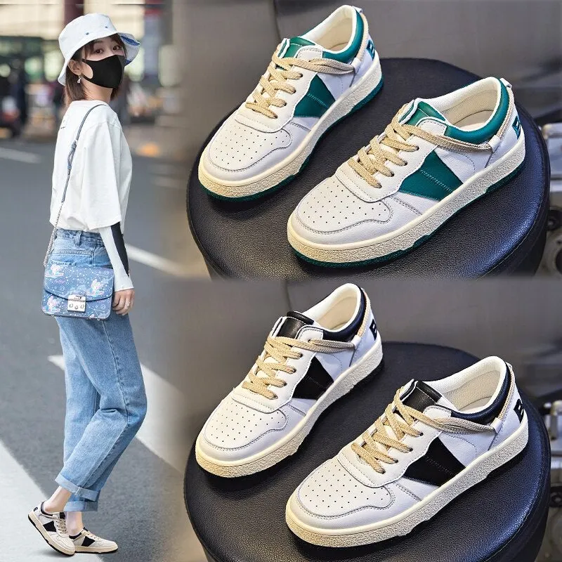 Meotina Genuine Leather Women Shoes Flats Platform Shoes Round Toe Lace Up Causal Shoes Female  Winter Autumn Green Blue 44