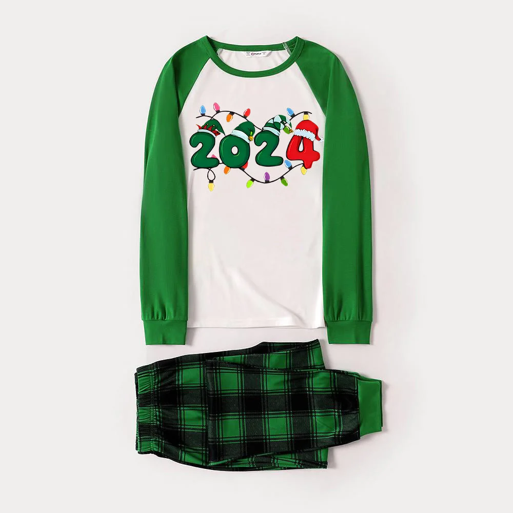Christmas "2024" Letter Print Green Rotator Cuff Top With Green & Black Plaid Family Matching Pajamas
