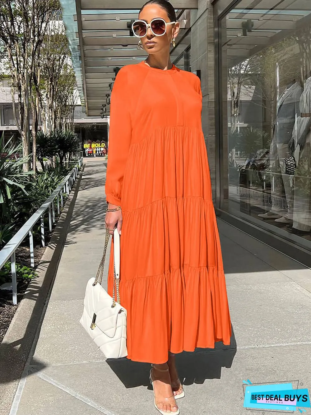 Long Sleeve Solid Ruffle Swing Maxi Dresses