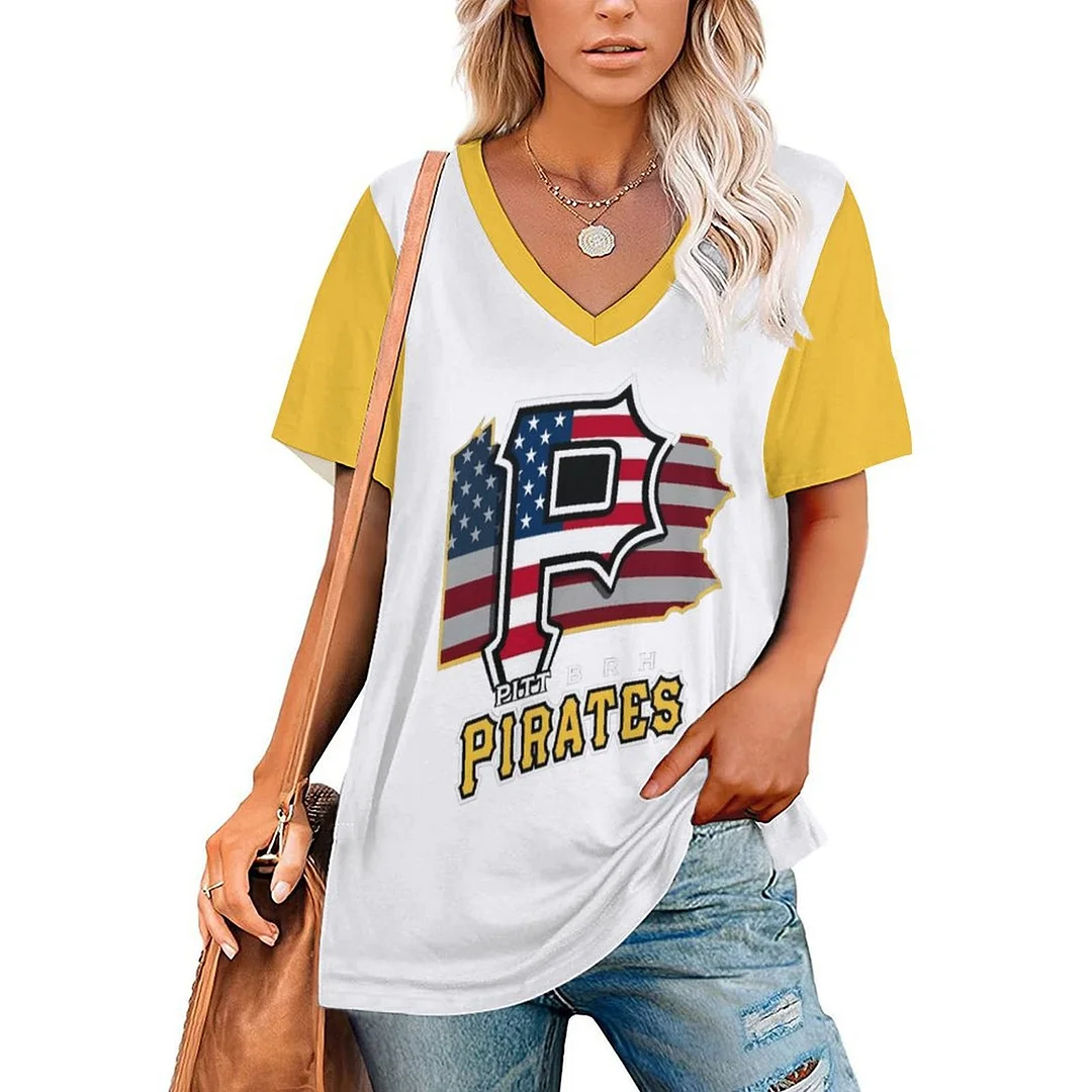 V-neck Short Sleeve Casual T-shirt for  Women Printed with Pattern,Yellow,White,Black