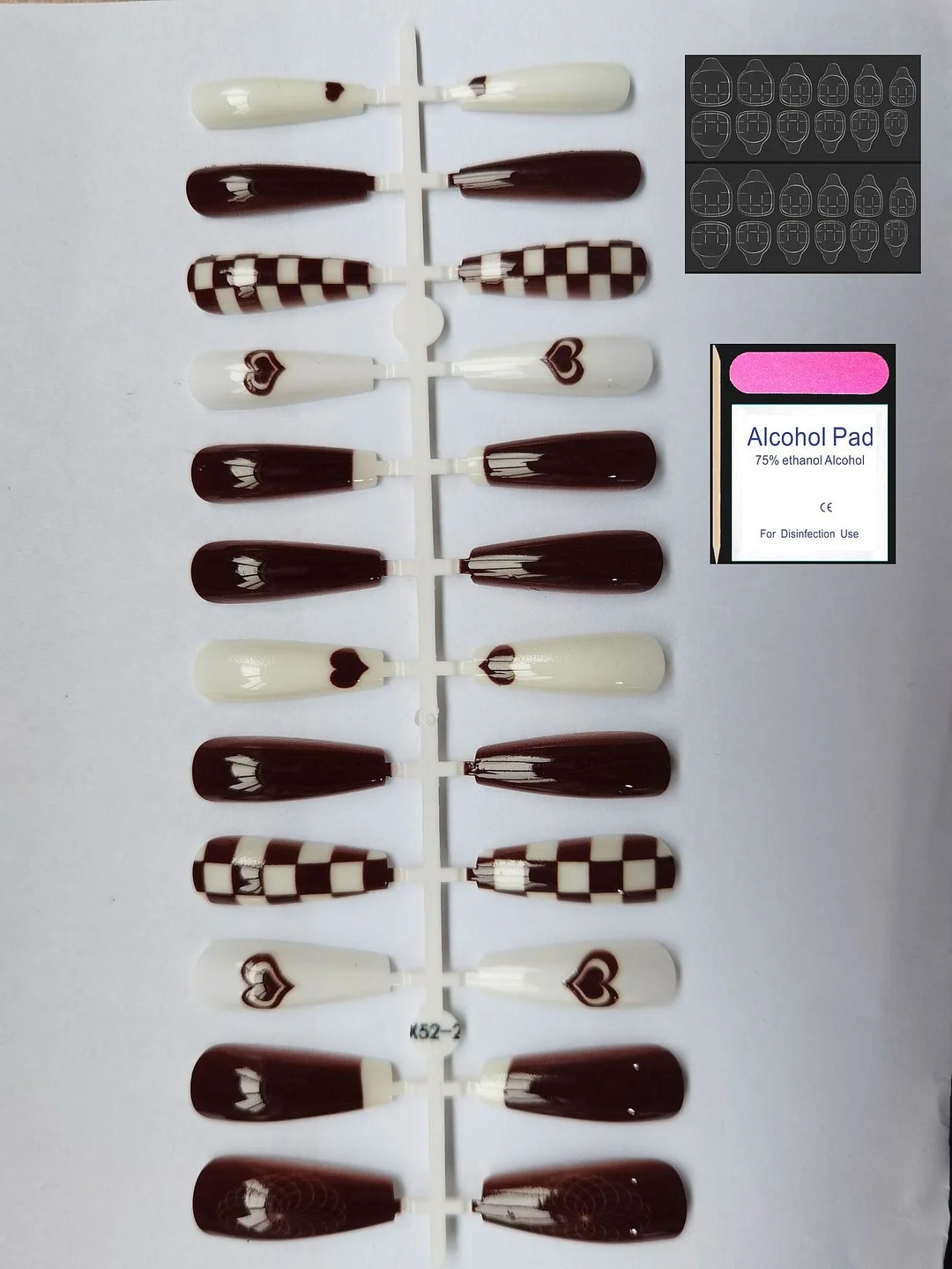 24Pcs Coffee Color With Grids Heart Designs False Nail Full Cover Fake Nails with Glue Detachable Wearable Manicure Nail Tips-Nail Inspo