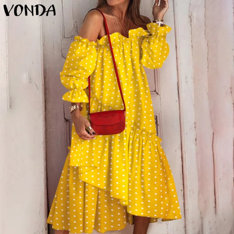 2022 VONDA Summer Sexy Off Shoulder Dress Women Long Sleeve Irregular Hem Lace Pleated Midi Sundress Bohemian Party Beach Robe