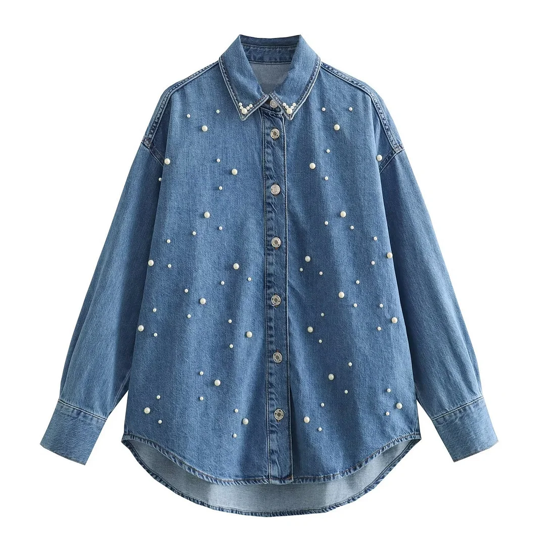 Zingj Women's Clothing New Long-Sleeved Loosely Ordered Beaded Denim Shirt 8007