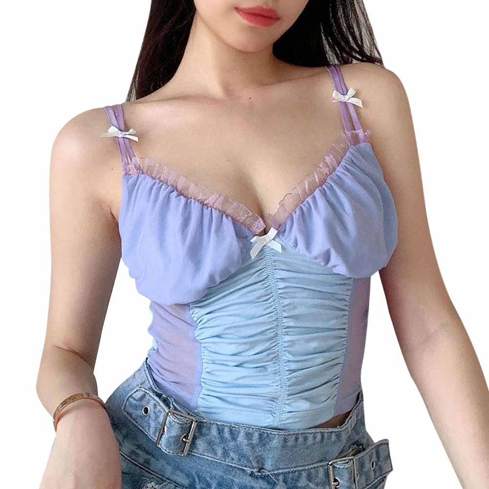 

Women Fashion Color Splicing Slip Camisole V-neck Slim Crop Tops -Blue, 501 Original