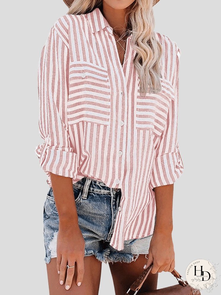 Blouses Striped Single-Breasted Long Sleeve Blouse for Women