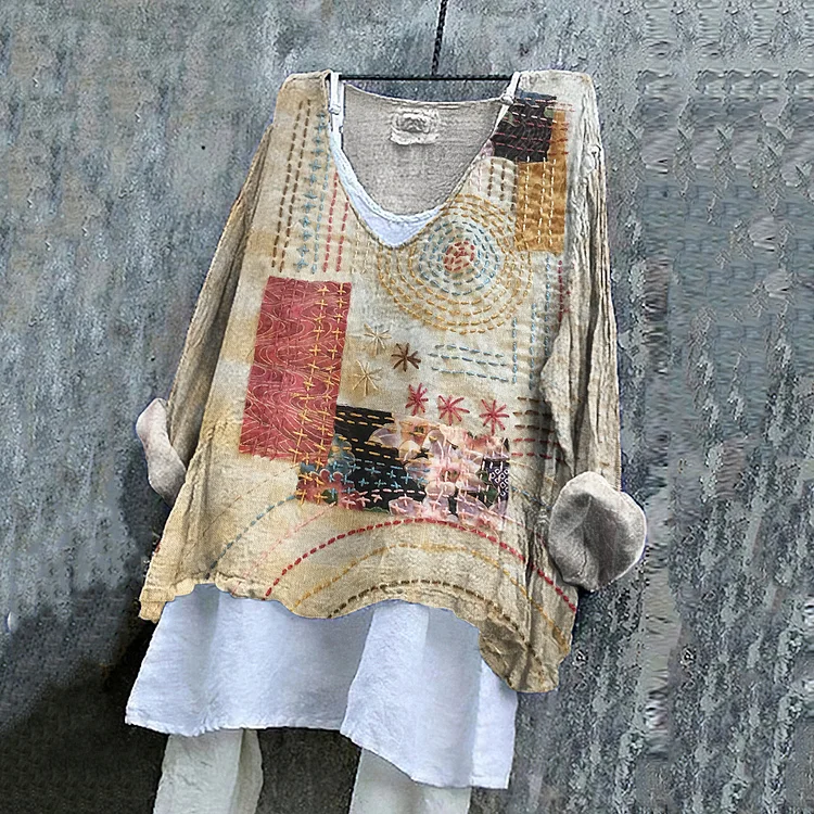 Vintage Patchwork Flowers Sashiko Art Linen Blend Blouse