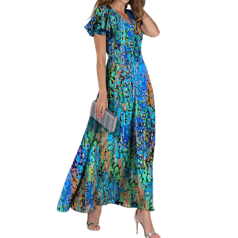 Mature Women Summer Fashion Large Swing V-neck Short Sleeve Printed Chiffon Maxi Dress