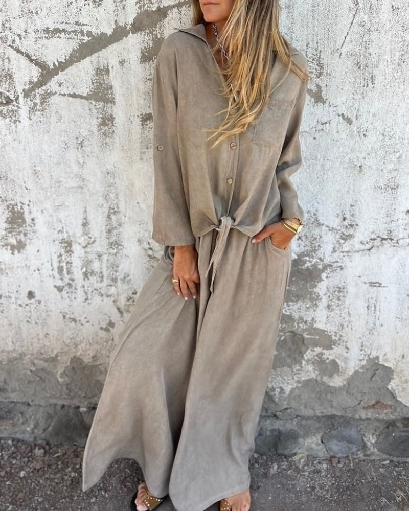 Single Breasted Chest Pocket Shirt & Wide Leg Pants Set