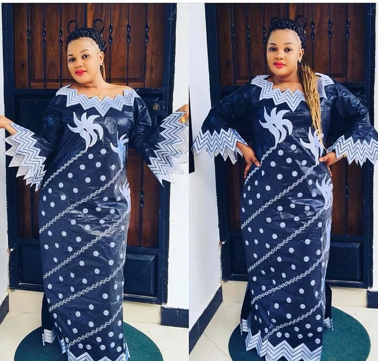 African Dresses For Woman  New Fashion African Bazin Riche Embroidery Design Dress Long Dress With Scarf TX004 QueenFunky