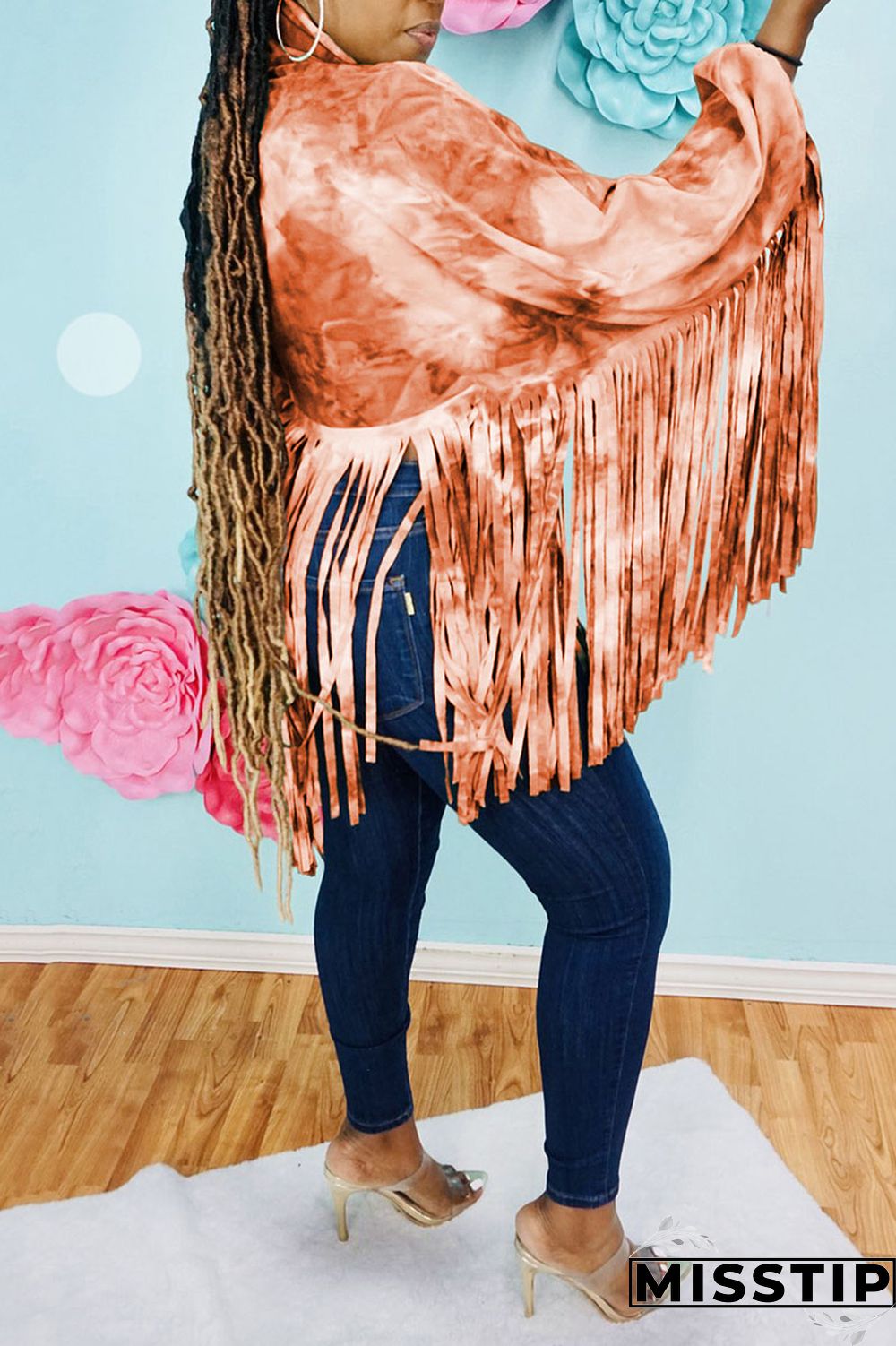 Rose Red Casual Print Tie Dye Tassel Patchwork Turtleneck Tops