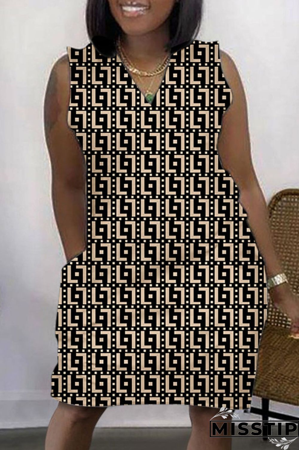 Black Apricot Casual Print Basic V Neck Sleeveless Dress Dresses