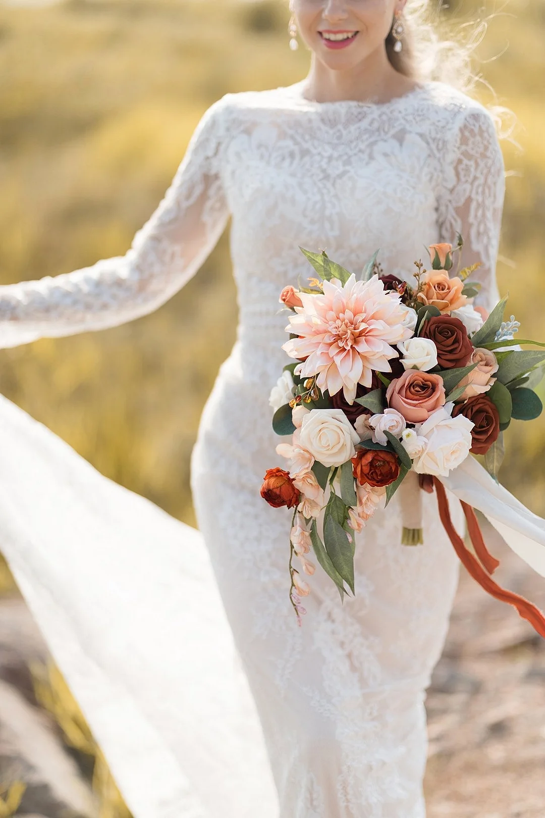 Standard Cascade Bridal Bouquet in Sunset Terracotta