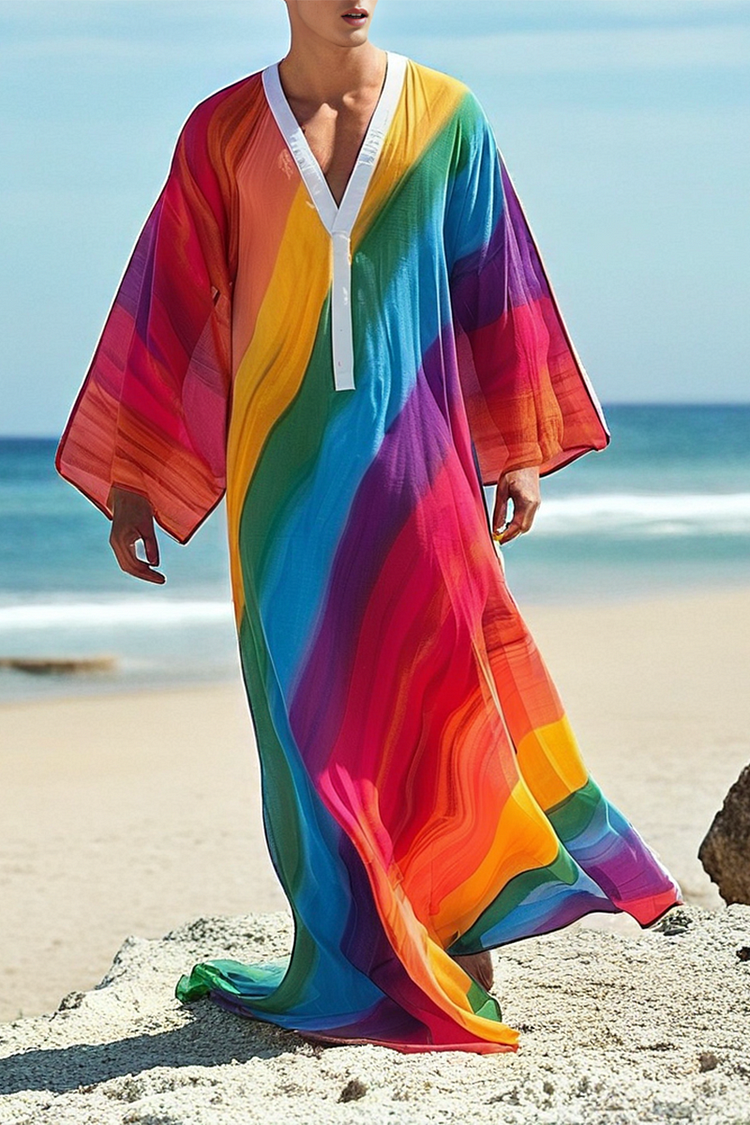 Ciciful Rainbow Stripe Print V Neck Long Sleeve Kaftan Long Caftan