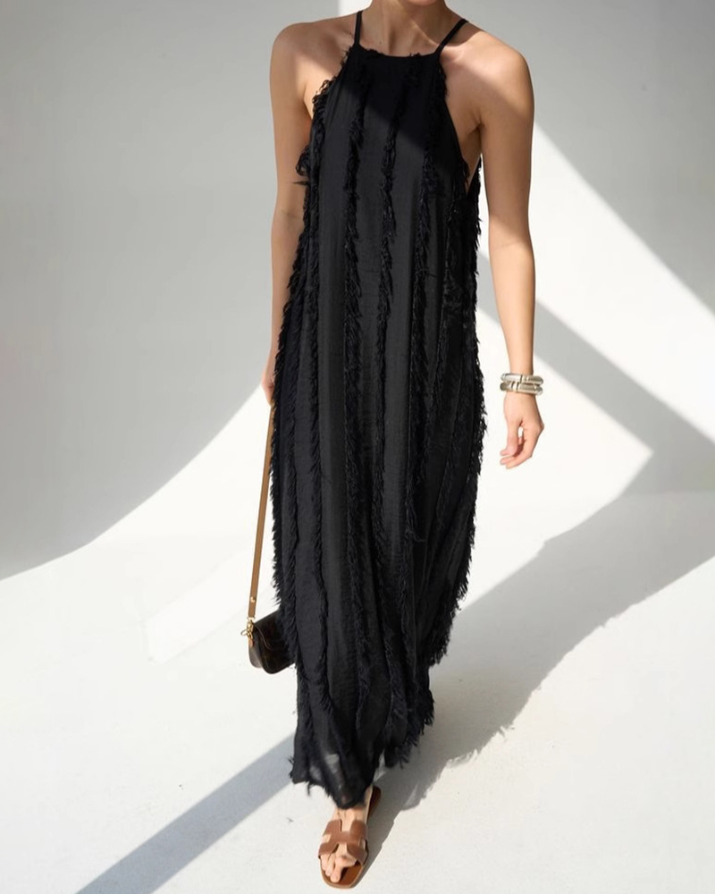 Fringed Detail Halterneck Sleeveless Loose Maxi Dress