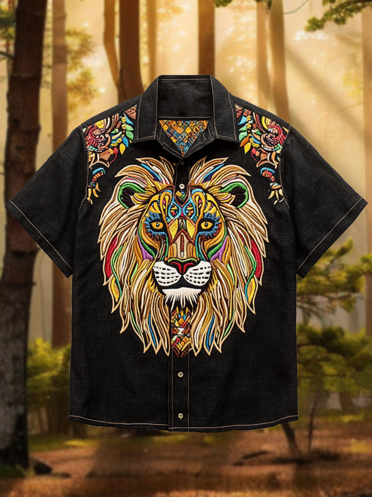 Men's African Tribal Rasta Lion Folk Embroidered Linen Shirt