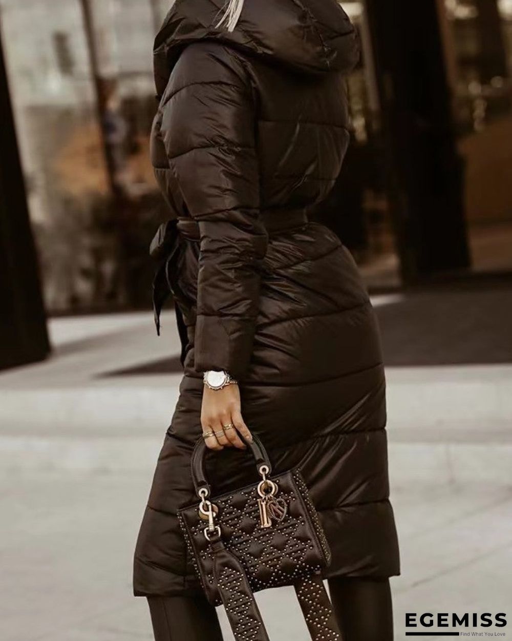 Long Sleeve Buttoned Puffer Coat With Belt | EGEMISS