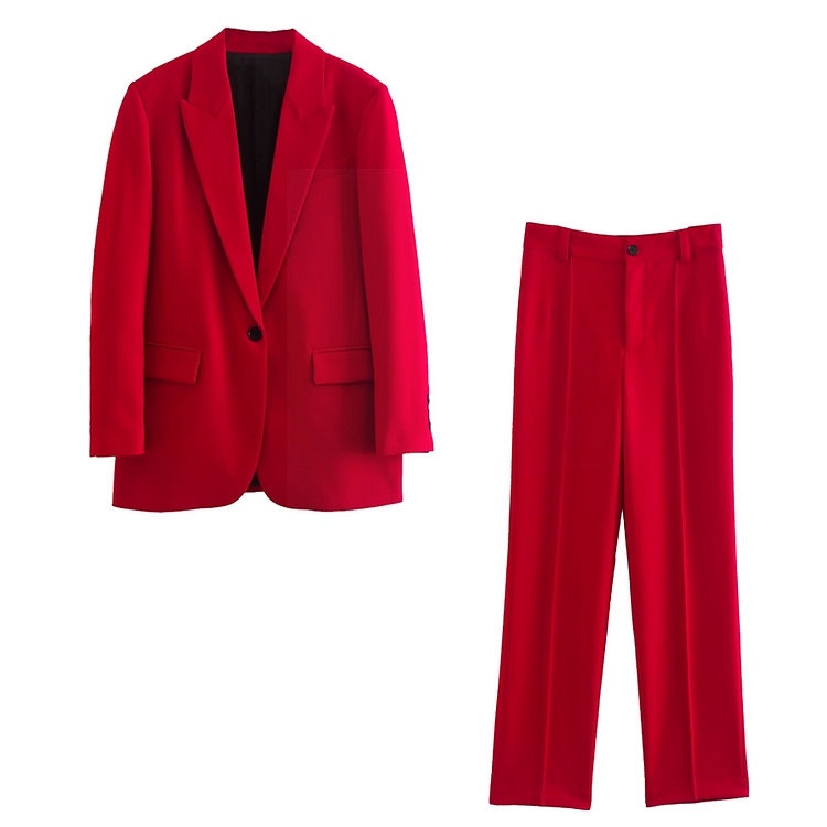 Flaxmaker Red Long Sleeve Button Blazer Two Piece Set