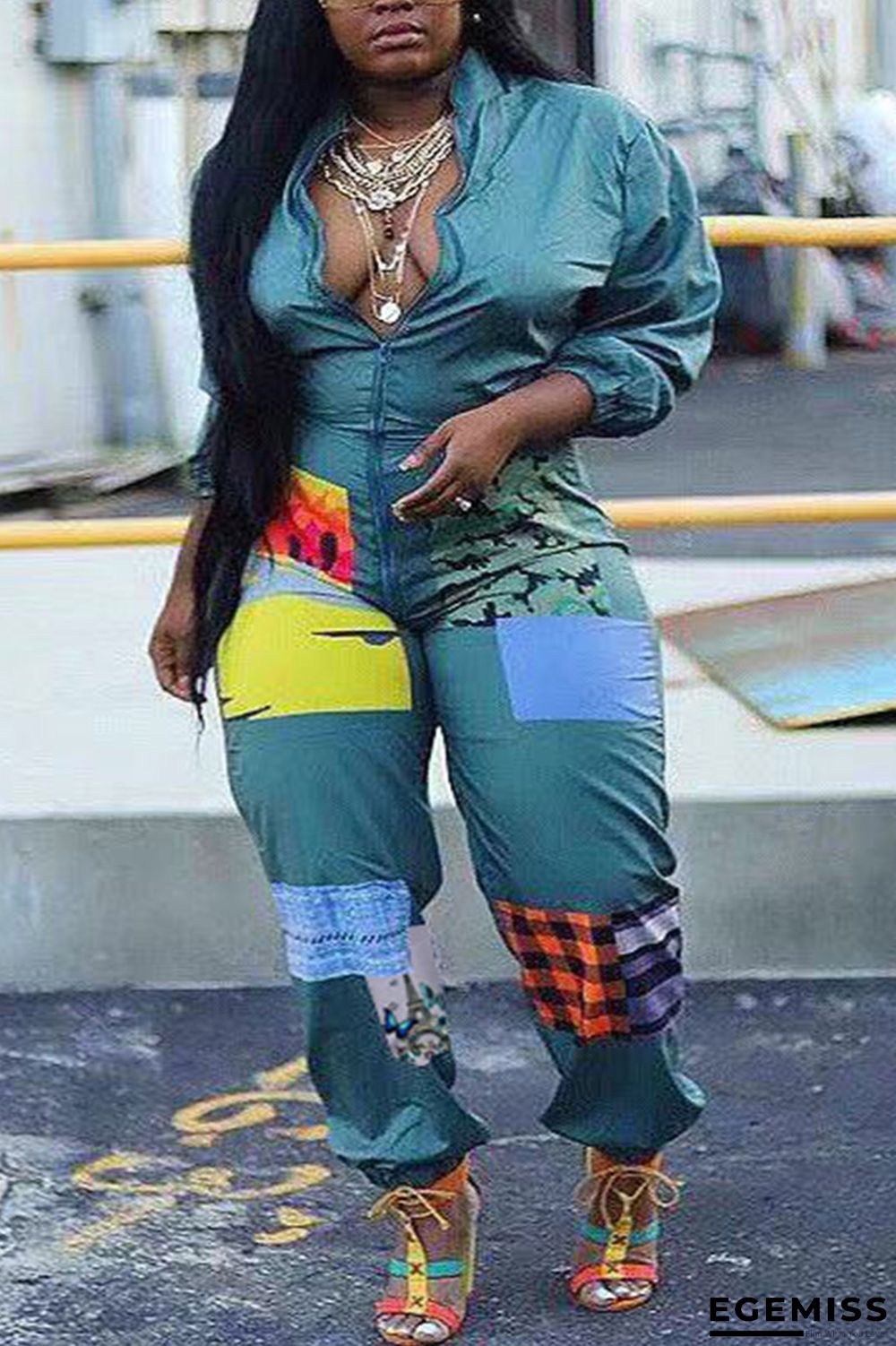 Light Green Chemical fiber blend Sexy zipper Leopard Print Camouflage Zippered Zipper Plus Size | EGEMISS