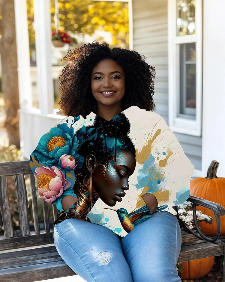 Women's Plus Size Artistic Flower Portrait Print Long Sleeve Hoodie