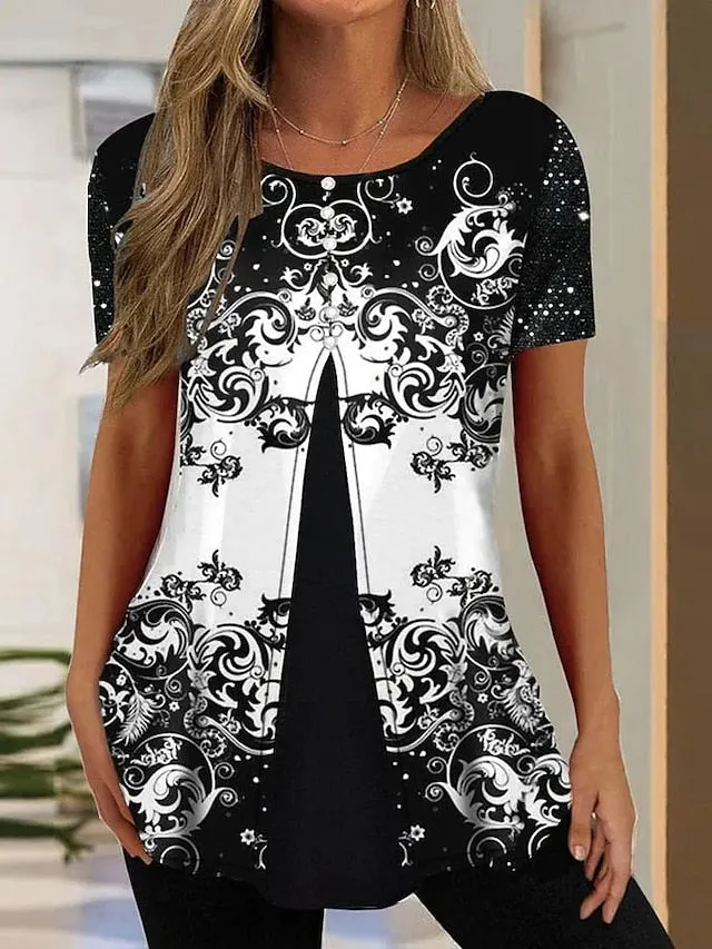 Blouse Black Yellow Pink Graphic Print Half Sleeve Casual Basic Round-neck Regular