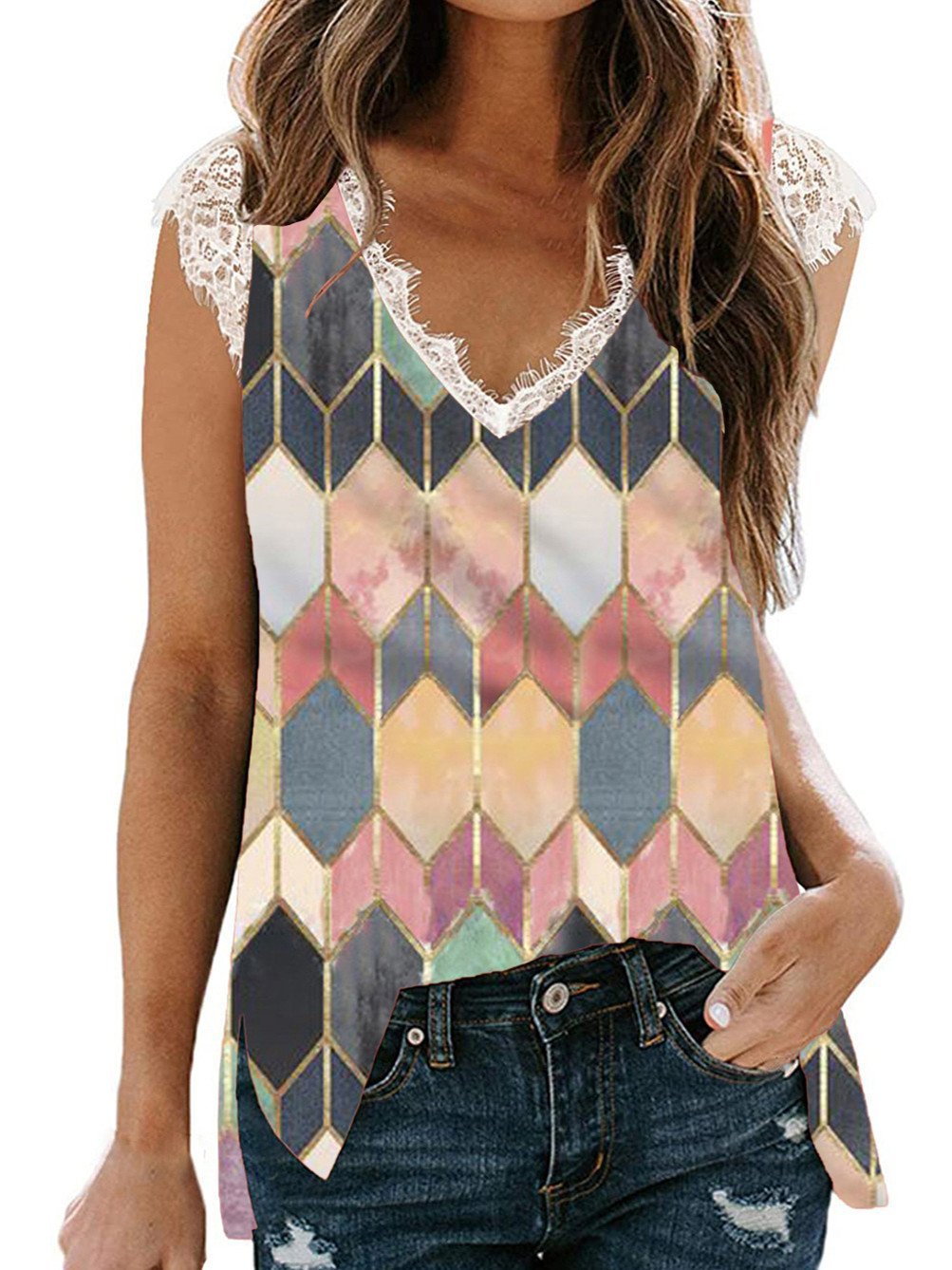 Women Sleeveless V-neck,Lace Colorblock Gradient Top