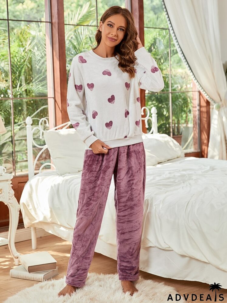 Heart Print Flannel Sweatshirt & Pants PJ Set