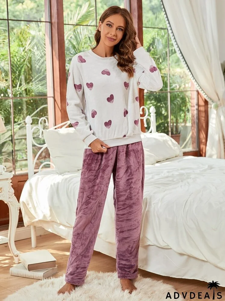 Heart Print Flannel Sweatshirt & Pants PJ Set